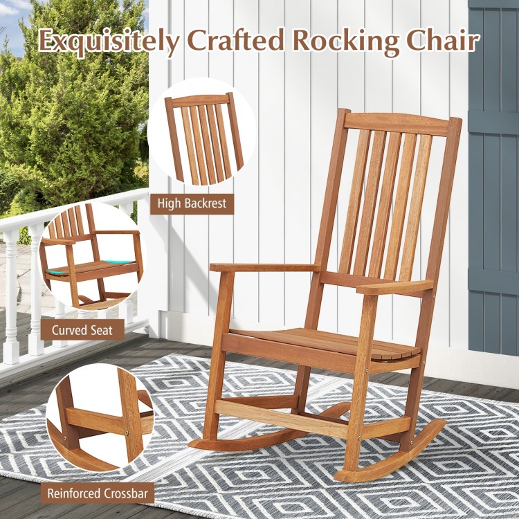 Ergonomic high-back patio rocking chair made of premium hardwood, featuring a curved seat for outdoor relaxation.