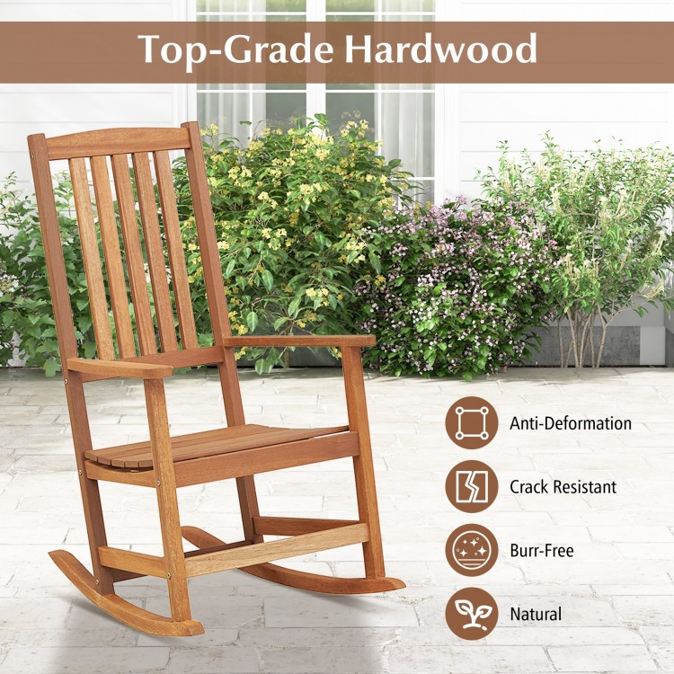Patio rocking chair made of top-grade hardwood with ergonomic high-back design, perfect for outdoor relaxation.