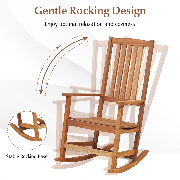 Patio rocking chair with ergonomic high-back design, made of premium hardwood, perfect for outdoor relaxation.