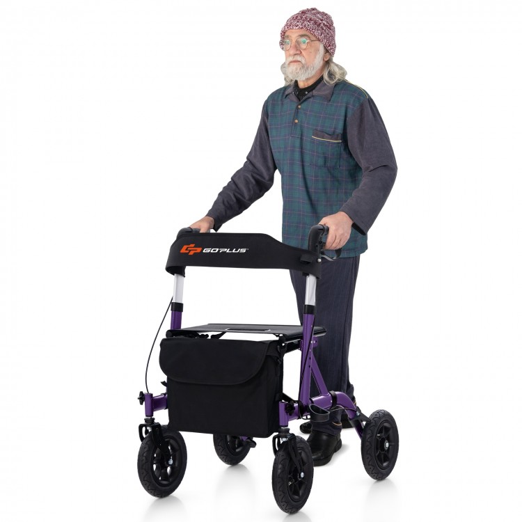 Height adjustable purple rollator walker with seat, large storage bag, and all-terrain wheels for seniors.