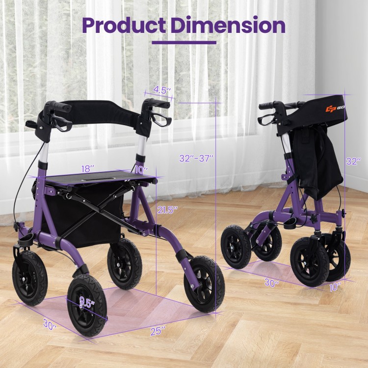 Height adjustable rollator walker in purple with dimensions, featuring all-terrain wheels and a comfortable seat for.