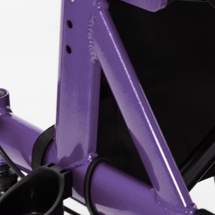 Close-up of the purple frame of a height adjustable rollator walker, featuring durable construction and ergonomic.