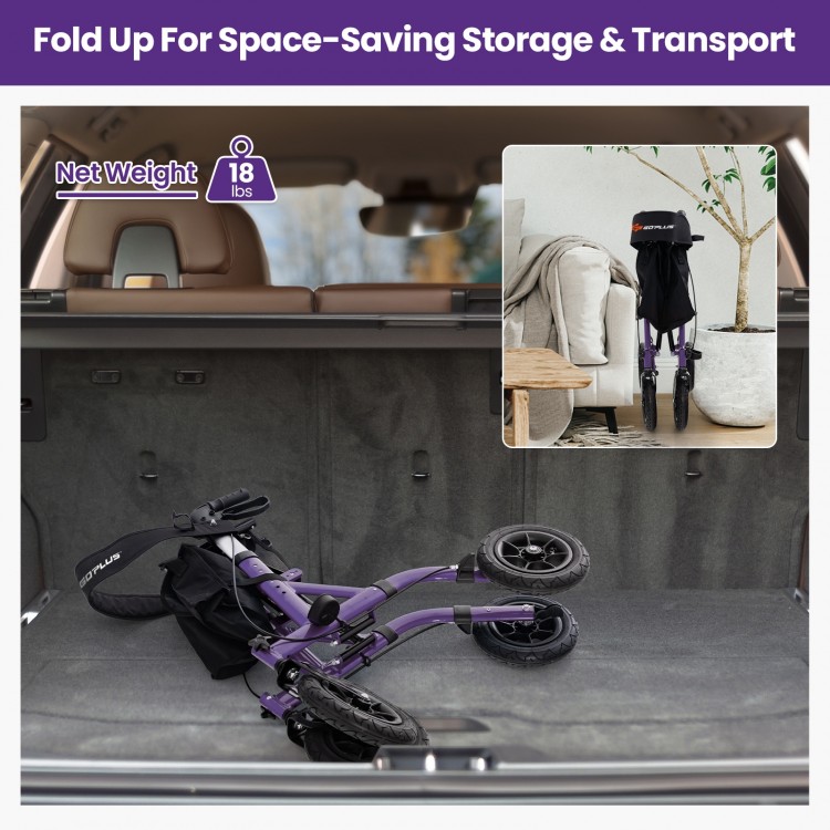 Foldable purple rollator walker with seat, featuring all-terrain wheels, stored in a car for easy transport.