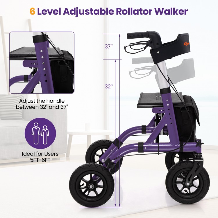 Height adjustable purple rollator walker with 9.5" all-terrain wheels, ideal for seniors, featuring a comfortable seat.