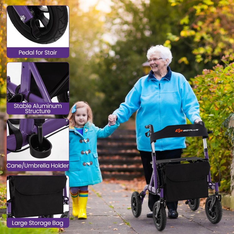 Height adjustable purple rollator walker with seat, large storage bag, and all-terrain wheels for seniors' mobility.