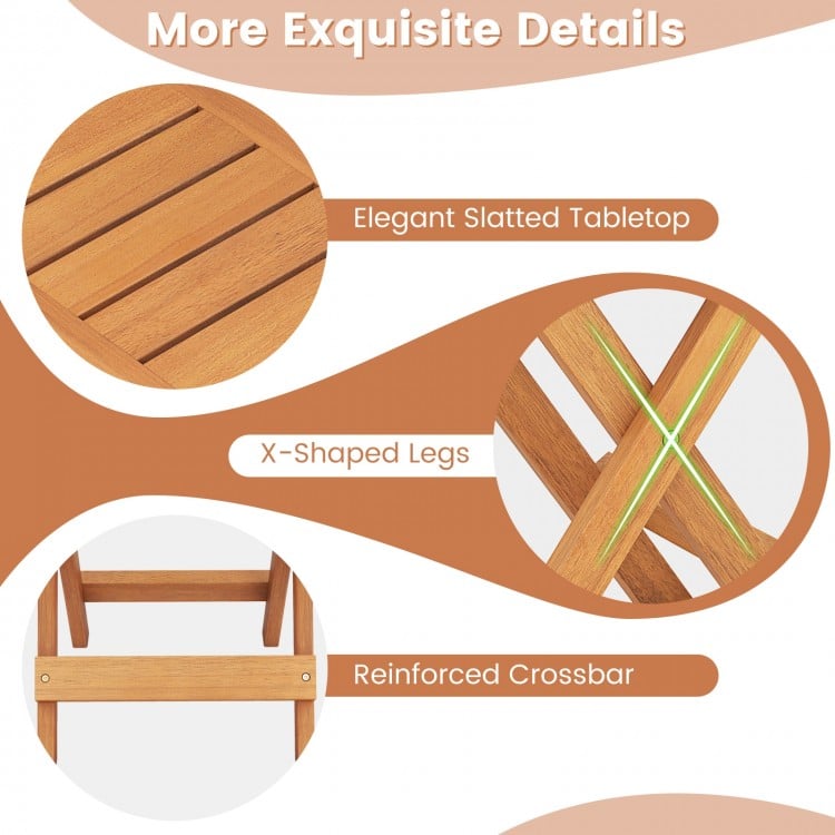 Elegant slatted tabletop and X-shaped legs of the 14-inch compact folding side table for versatile indoor and outdoor.