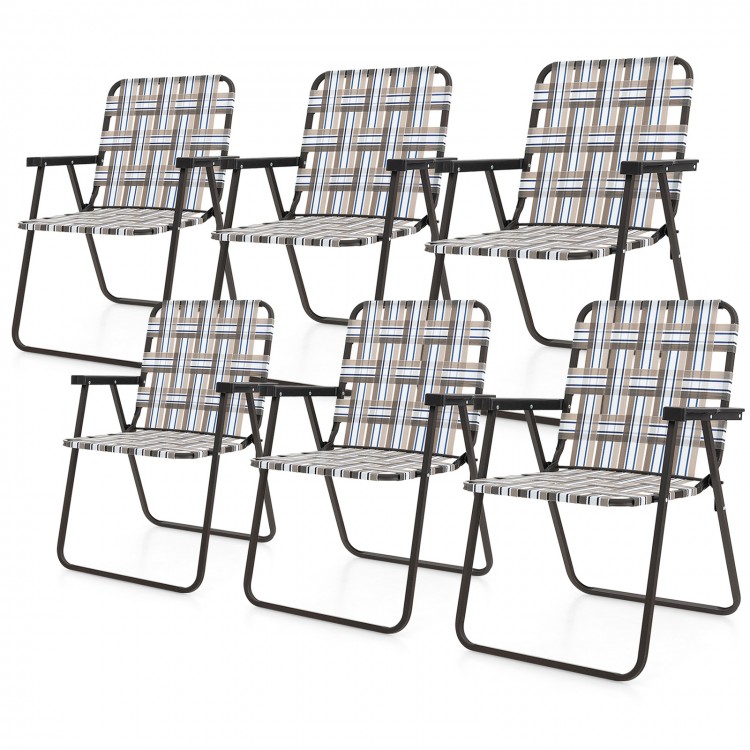 Set of six folding beach chairs with brown webbing, featuring a sturdy steel frame for camping and outdoor use.