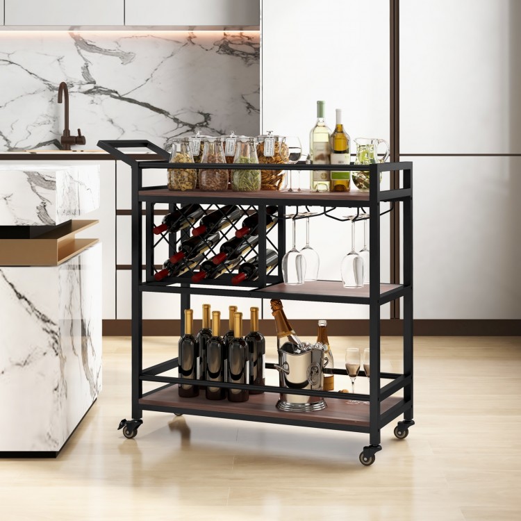 3-tier bar cart on wheels with wine rack and glass holder, featuring a sturdy metal frame for kitchen or home use.