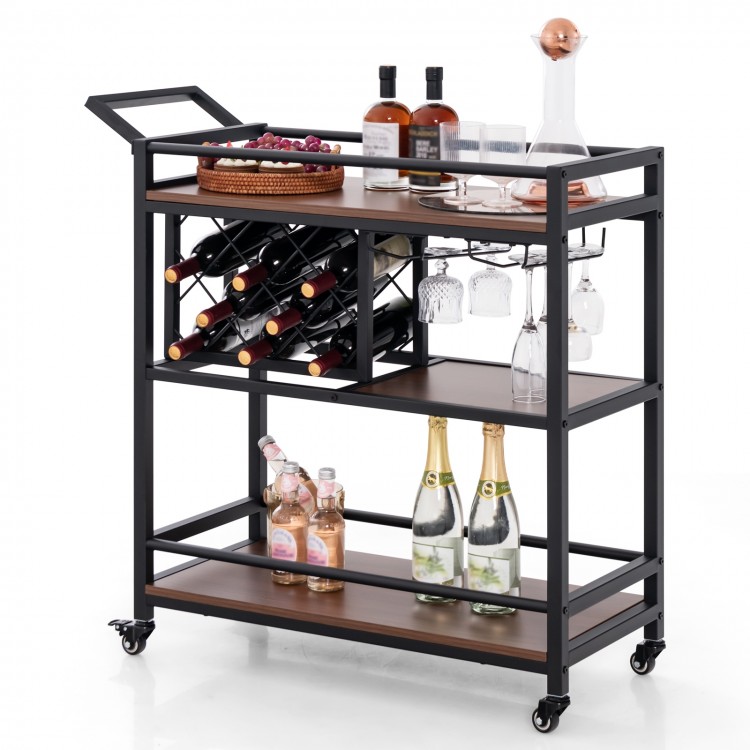 3-tier bar cart on wheels with wine rack, glass holder, and brown shelves for versatile home serving and storage.