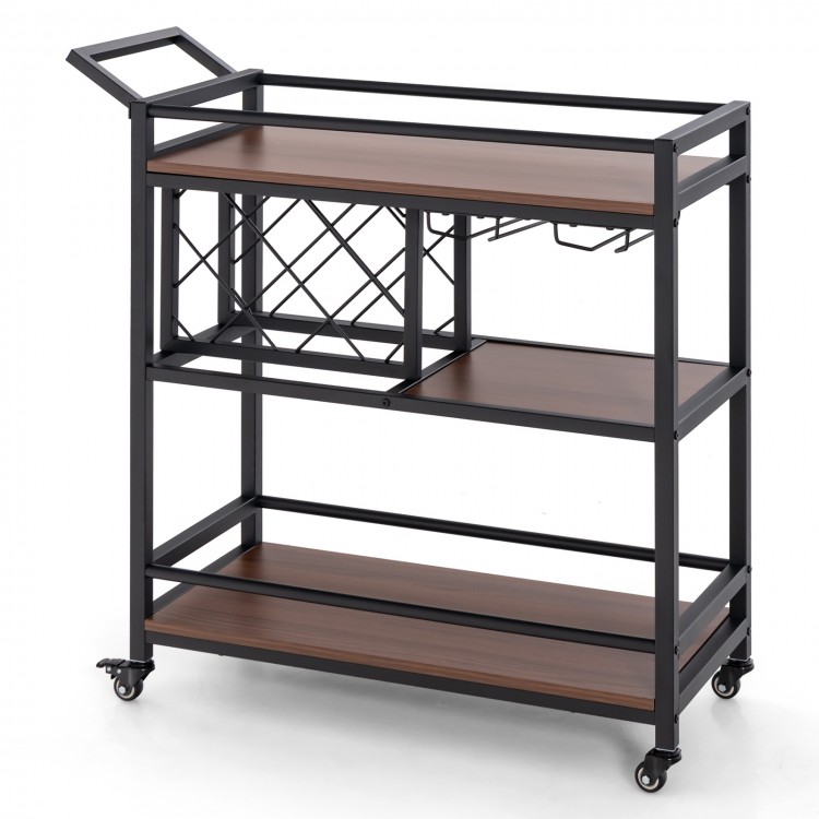 3-tier bar cart on wheels with brown shelves, wine rack, and glass holder for versatile kitchen or serving use.