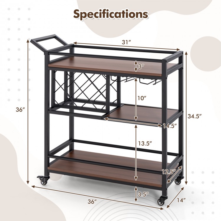 3-tier bar cart on wheels with brown shelves, wine rack, and cup holders, ideal for kitchen or serving drinks.