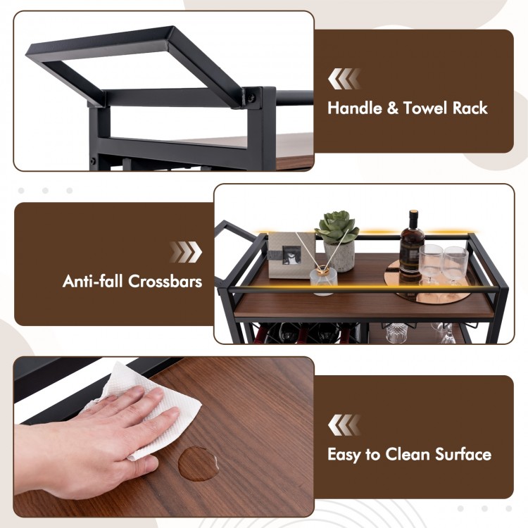 3-tier brown bar cart with wine rack, cup holders, and easy-clean surface, ideal for kitchen or home entertaining.