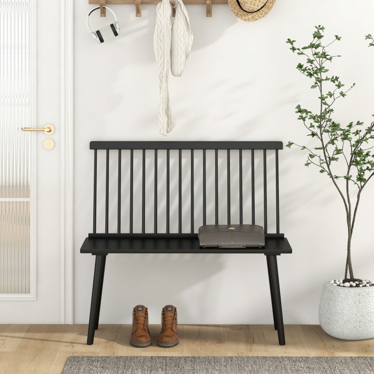 Black Dining Windsor bench with spindle backrest, made of solid rubber wood, perfect for kitchen or living room use.