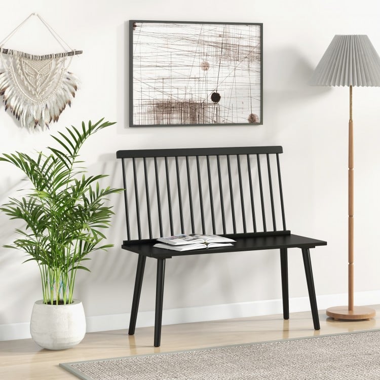 Black Dining Windsor Bench with spindle backrest, ergonomic design, and anti-slip foot pads for versatile indoor use.