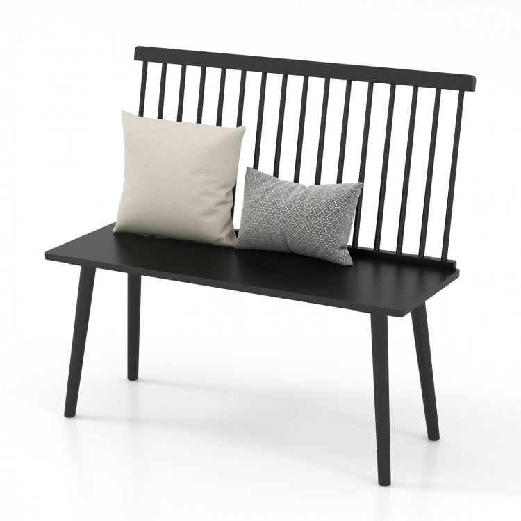 Black Dining Windsor bench with spindle back, featuring two cushions, ideal for kitchen or dining room use.