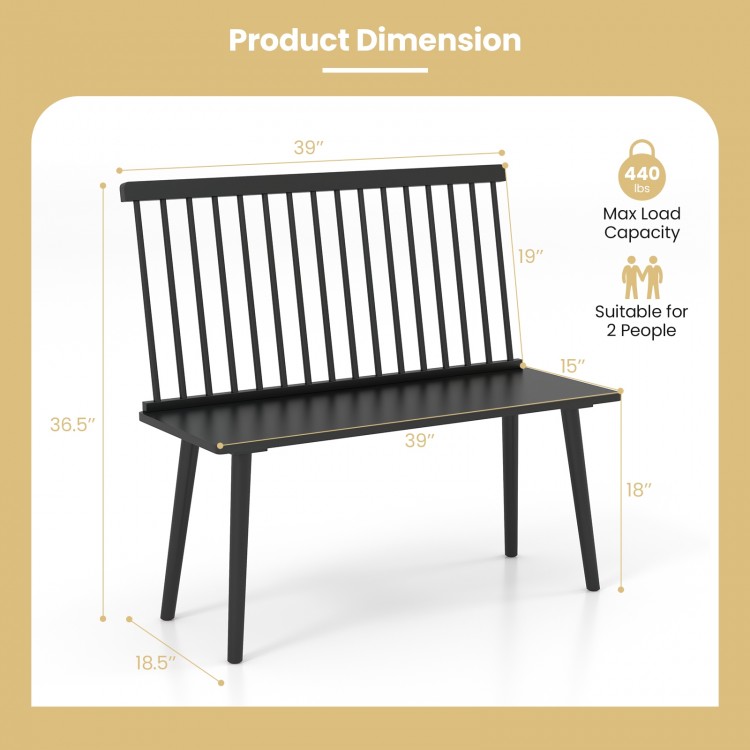 Windsor dining bench in black with spindle back, suitable for 2 people, featuring anti-slip foot pads and ergonomic.