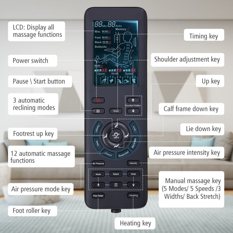 Massage chair hand controller with clear LCD, ergonomic design, and durable buttons for convenient use and storage.