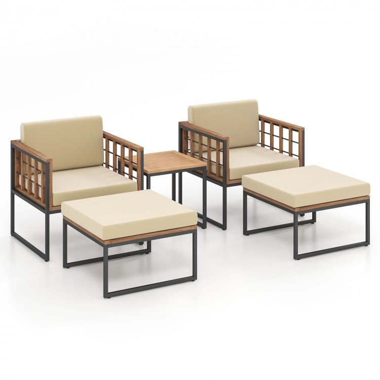 5-piece outdoor furniture set featuring acacia wood chairs, ottomans, and a coffee table, perfect for backyard.
