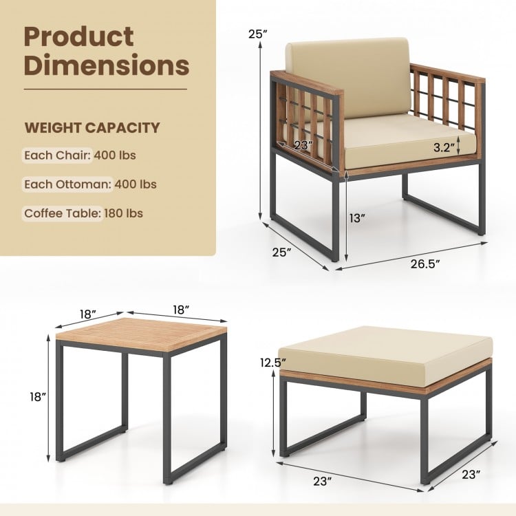 Acacia wood chair with soft cushions and metal frame, ideal for outdoor use on patios or balconies.