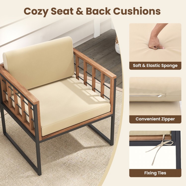 Beige acacia wood chair with soft cushions and fixing ties, perfect for outdoor relaxation by the poolside or balcony.