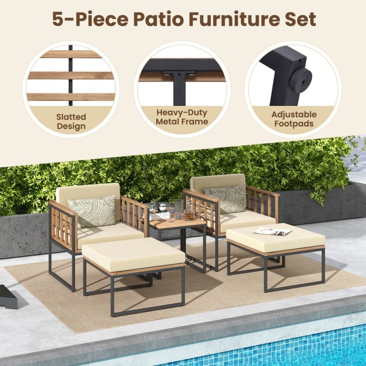 5-piece outdoor furniture set featuring acacia wood chairs, ottomans, and coffee table, ideal for backyard relaxation.