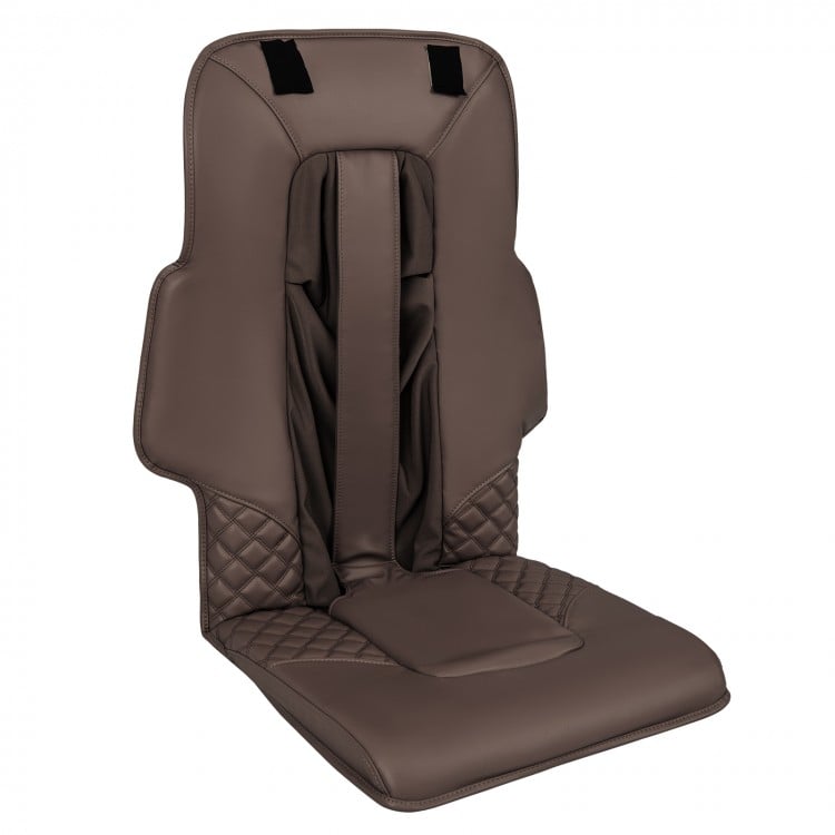Brown massage chair backrest cushion with diamond patterns, soft waterproof PU material, and heating function.