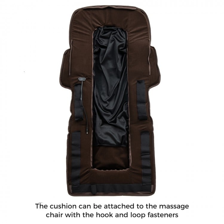 Brown massage chair backrest cushion with hook and loop fasteners, featuring soft waterproof PU material and elegant.