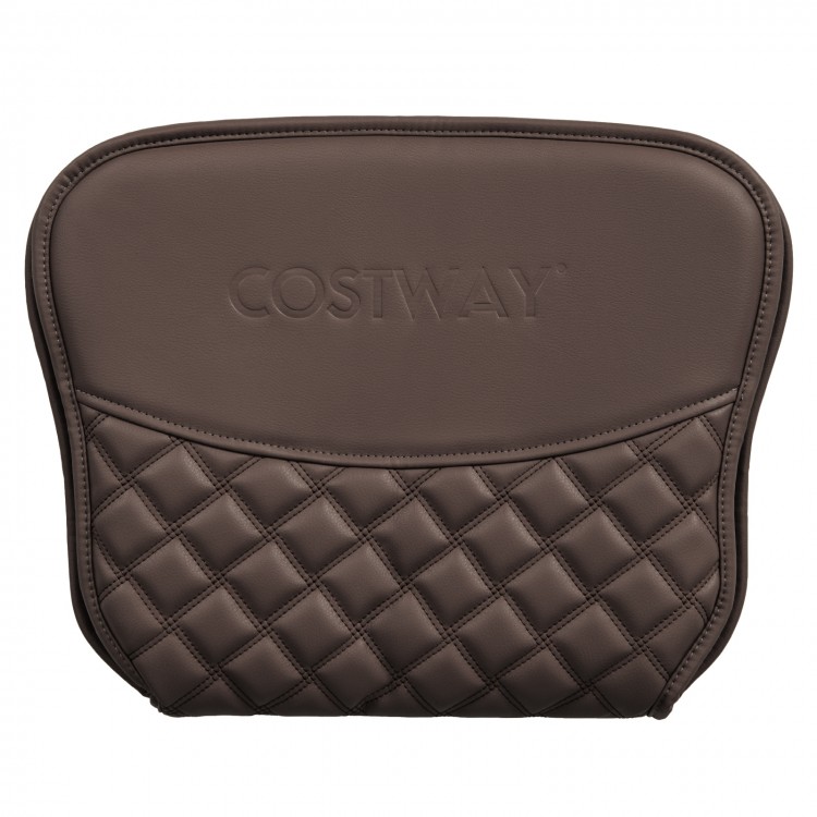 Brown massage chair headrest pillow made of soft PU leather, featuring quilted design and hook and loop fasteners for.
