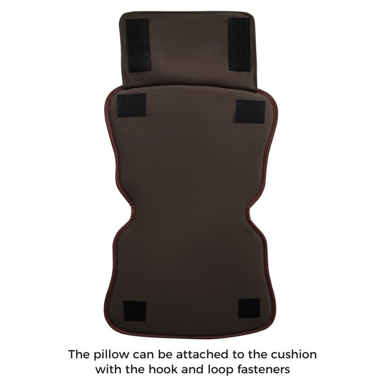 Brown massage chair headrest pillow made of soft PU material, featuring hook and loop fasteners for secure attachment.