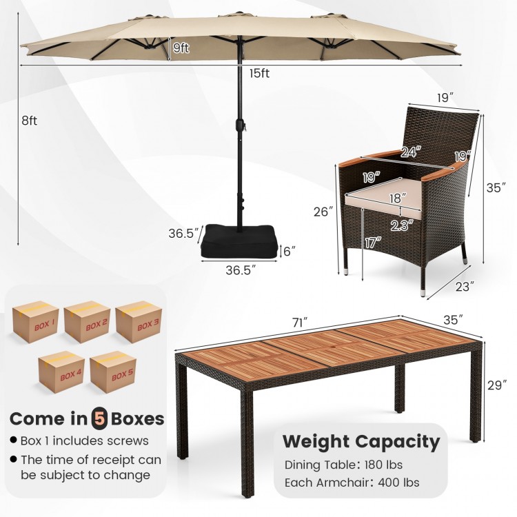 15-foot double-sided patio umbrella with beige fabric, paired with an elegant acacia wood and rattan outdoor dining set.