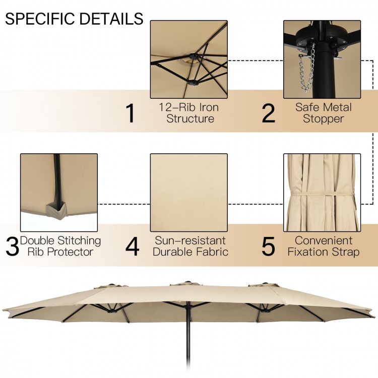 Double-sided 15-foot patio umbrella with beige fabric and sturdy iron structure, perfect for outdoor dining set.