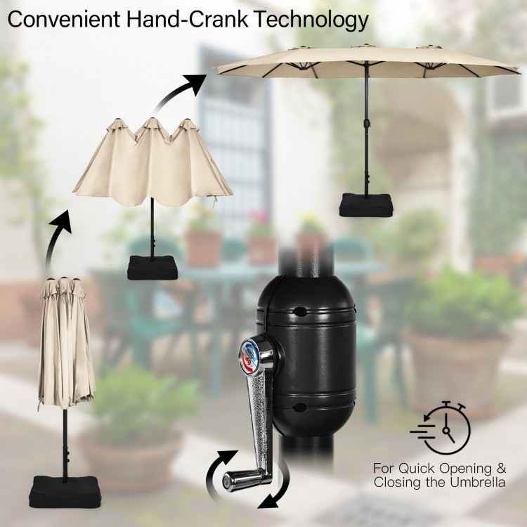Double-sided 15 feet patio umbrella with hand-crank technology, perfect for outdoor dining set and backyard relaxation.
