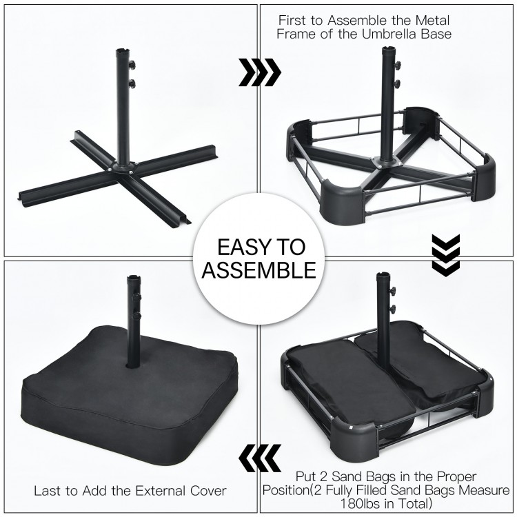 Umbrella base assembly steps showing metal frame, sand bags, and external cover for the 15 feet patio umbrella.