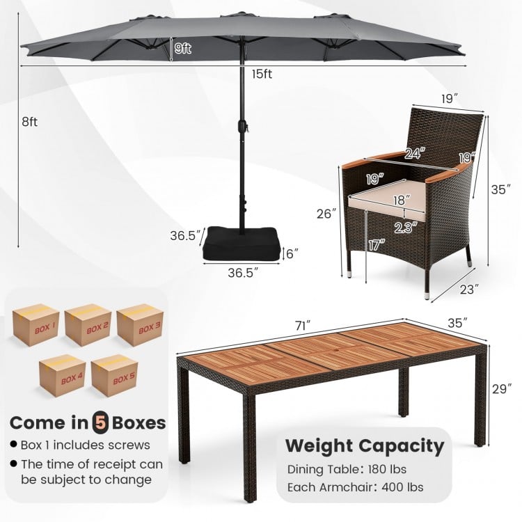15 feet double-sided patio umbrella with gray rattan dining set, featuring acacia wood tabletop and comfortable.