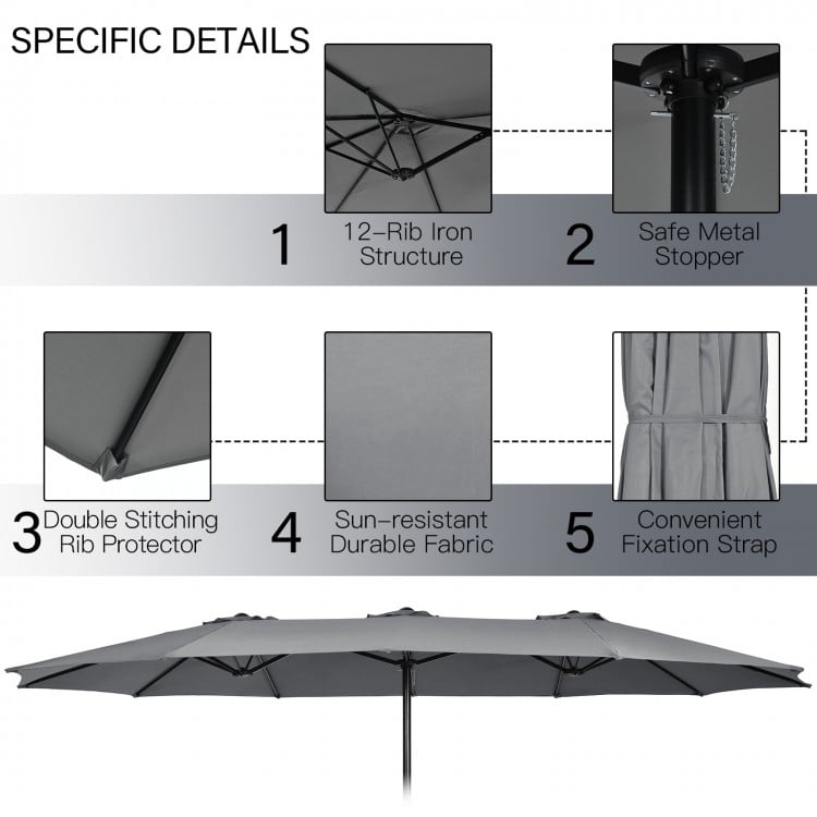 Detail of the 15 feet double-sided patio umbrella with iron structure and durable fabric, ideal for outdoor dining sets.