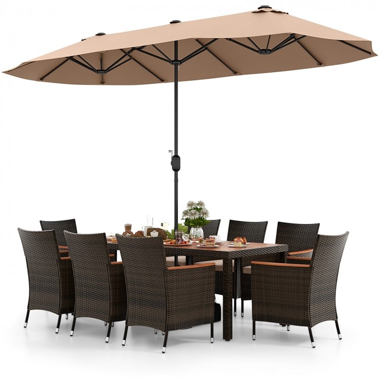 10-piece outdoor dining set featuring a brown rattan surface, acacia wood accents, and a large double-sided patio.