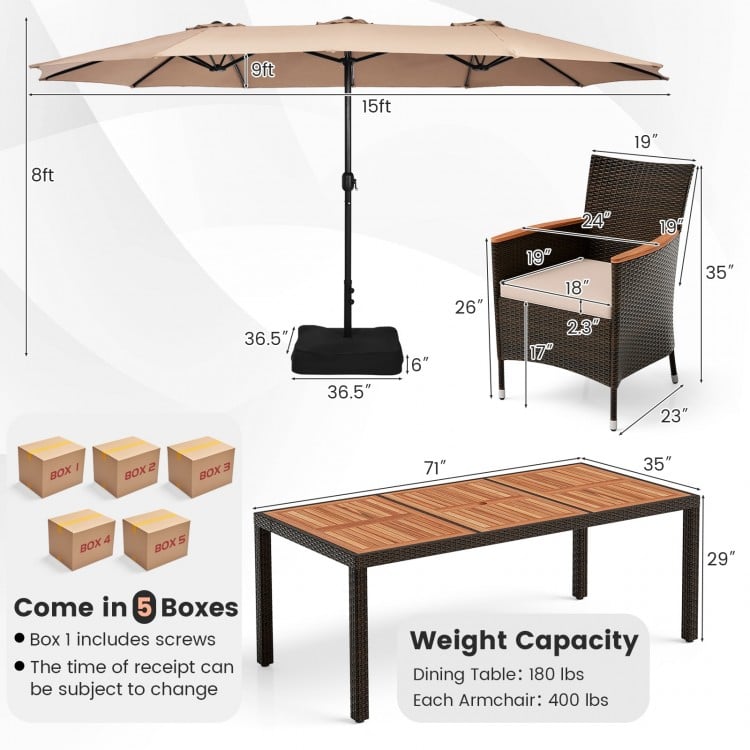 15-foot double-sided patio umbrella with a brown rattan dining set, featuring an acacia wood tabletop and 6 stackable.