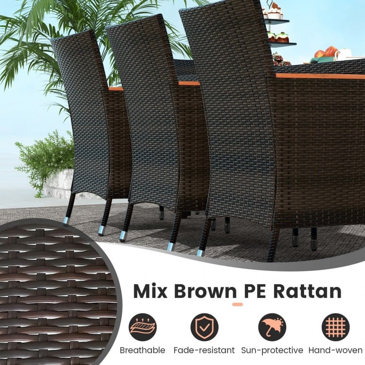 Stackable chairs in mix brown PE rattan with soft cushions, perfect for outdoor dining and family gatherings.