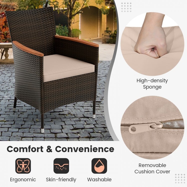 Stackable chair with soft padded cushion and appealing rattan surface, perfect for outdoor dining and relaxation.