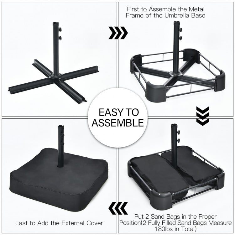 Umbrella base assembly steps showing the weighted base and external cover for the 10 Piece Outdoor Dining Set.