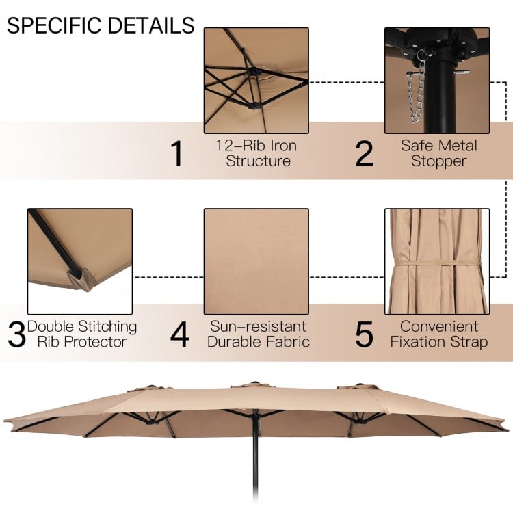 Double-sided 15-foot patio umbrella with a safe metal stopper and durable fabric for outdoor dining set stability.