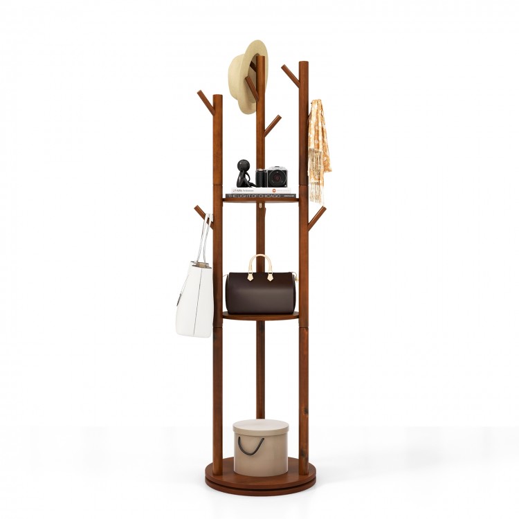 Freestanding wooden coat tree with 3 shelves and 9 hooks, perfect for storing hats, bags, and coats in any room.