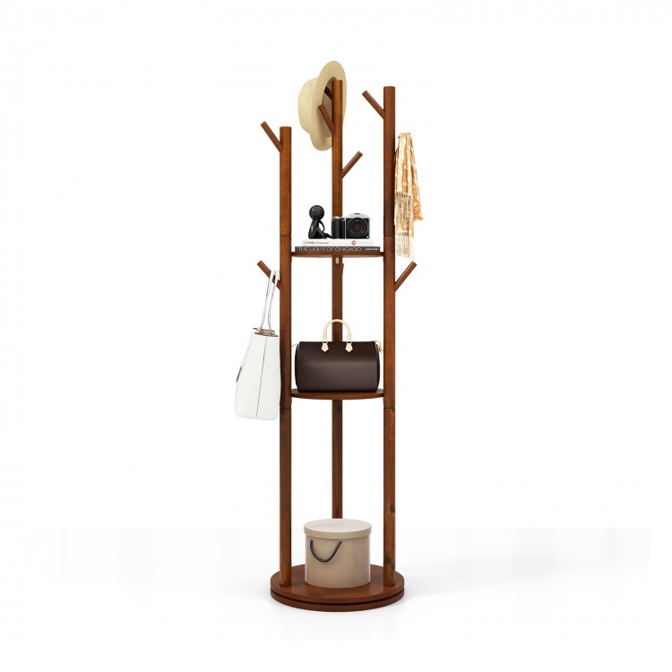 Freestanding wooden coat tree with 3 shelves and 9 hooks, perfect for storing hats, coats, and bags in any room.