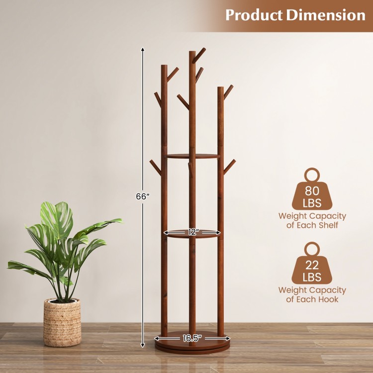 Freestanding wooden coat tree with 3 shelves and 9 hooks, designed for stable storage in bedrooms or hallways.