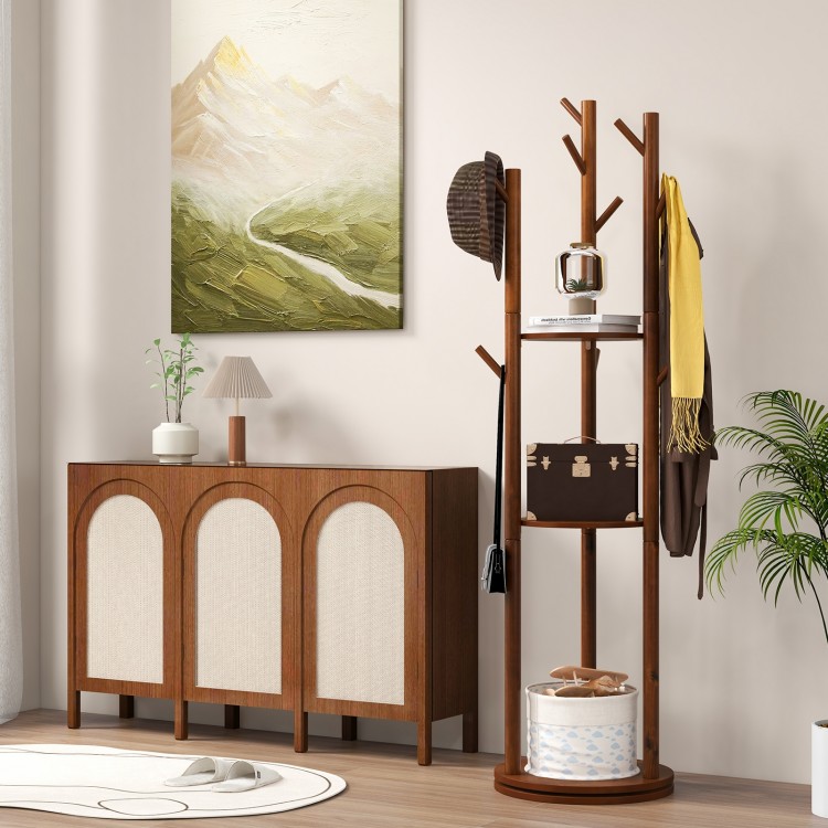 Freestanding wooden coat tree with 3 shelves and 9 hooks, perfect for storing hats and coats in hallways or living.