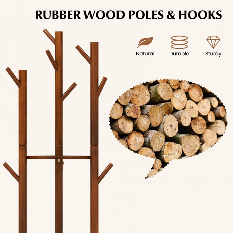 Freestanding wooden coat tree with 9 hooks and 3 shelves, made of durable rubber wood for stable storage in any room.