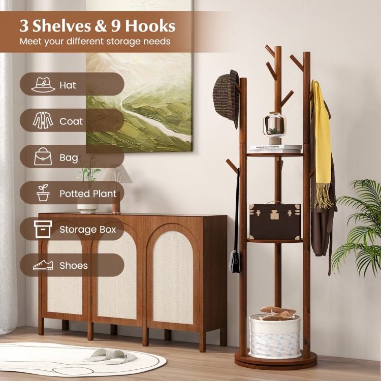 Freestanding wooden coat tree showcasing 3 display shelves and 9 hooks, ideal for organizing hats, bags, and coats.