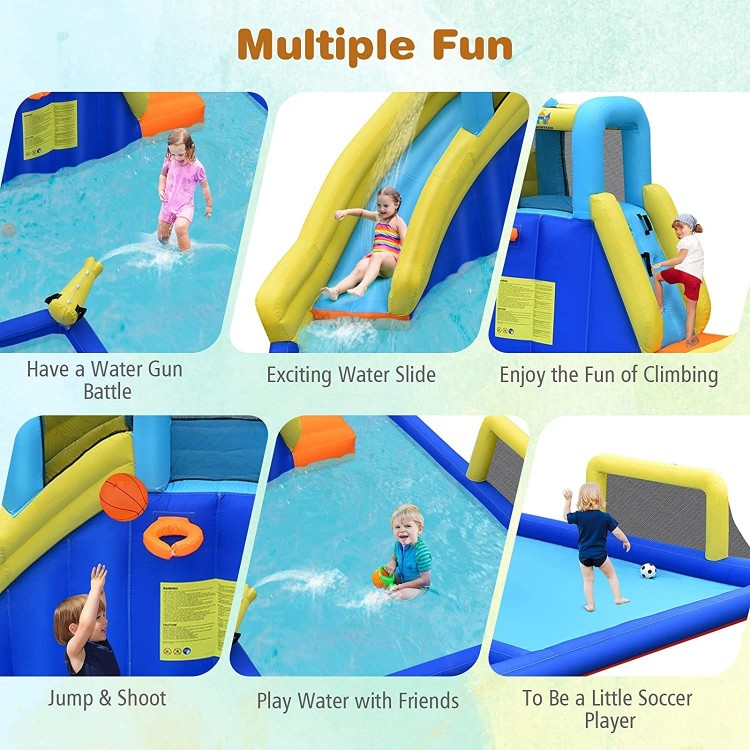 Inflatable water park featuring a slide, climbing wall, water guns, and pool, made of durable Oxford material for.