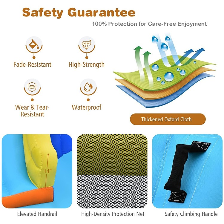 Detail of the safety features of the 6-in-1 inflatable water slide, showcasing high-density protection and waterproof.