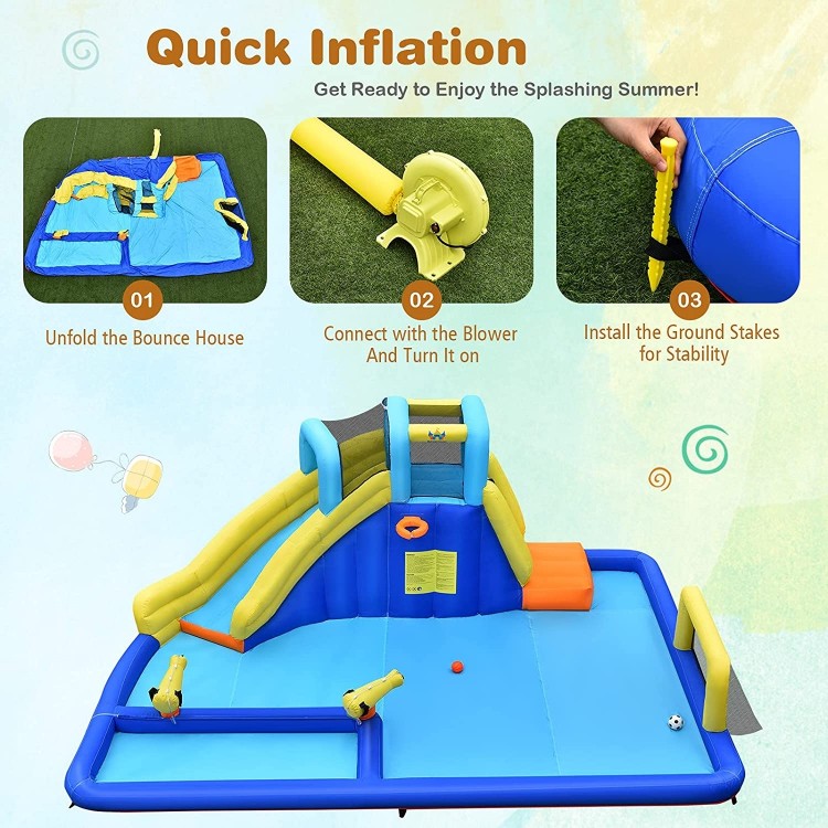 6-in-1 inflatable water slide with climbing wall, water guns, and pool for outdoor fun in the yard or park.
